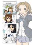  &gt;_&lt; /\/\/\ 3girls 4koma ? akiyama_mio black_hair blazer breath brown_eyes brown_hair comic hirasawa_yui k-on! long_hair multiple_girls open_mouth pleated_skirt ryunnu school_uniform short_hair skirt tagme tainaka_ritsu translation_request 