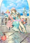  1girl braid brown_hair closed_eyes dress flower high_heels highres long_hair original shoes sitting sky solo yuasa_tsugumi 