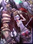  apple armor cage chain dress dutch_angle food fruit highres jewelry necklace pixiv_fantasia pixiv_fantasia_new_world red_eyes short_hair stregoicavar thigh-highs white_hair zettai_ryouiki 
