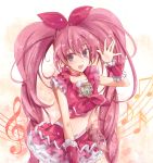  1girl blue_eyes blush brooch choker cure_melody frilled_skirt hair_ribbon heart houjou_hibiki jewelry loki long_hair looking_at_viewer magical_girl midriff musical_note navel open_mouth pink_hair precure ribbon skirt solo suite_precure twintails 