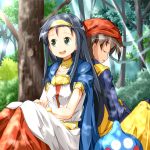 1boy 1girl back-to-back brown_hair closed_eyes dragon_quest dragon_quest_viii forest green_eyes long_hair nature open_mouth outdoors short_hair tsurukou_(tksymkw) 