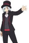  1boy blue_hair character_request cravat facial_tattoo hat niku_(dance-siva) open_clothes open_jacket pokemon red_eyes short_hair smile solo tattoo top_hat 