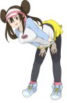  1girl bent_over black_legwear blue_eyes breasts brown_hair double_bun hands_on_thighs large_breasts long_hair mei_(pokemon) niku_(dance-siva) pantyhose pokemon pokemon_(game) pokemon_bw2 raglan_sleeves shoes shorts smile socks solo twintails visor_cap watch watch 
