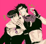  2boys abs black_hair bola_(weapon) dice father_and_son fingerless_gloves gakuran gloves higashikata_jousuke jojo_no_kimyou_na_bouken joseph_joestar_(young) midriff multiple_boys pompadour s_gentian scarf school_uniform teenage time_paradox violet_eyes wink 