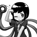  1girl :p ;p bow gesture_request greyscale houjuu_nue monochrome ninniku_(kari) short_hair simple_background solo tongue touhou white_background wings wink 