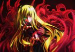  1girl blonde_hair blood bygddd5 fire green_eyes highres long_hair long_sleeves lyrical_nanoha mahou_shoujo_lyrical_nanoha mahou_shoujo_lyrical_nanoha_a&#039;s mahou_shoujo_lyrical_nanoha_a&#039;s_portable:_the_gears_of_destiny midriff navel outstretched_hand solo tears u-d very_long_hair wide_sleeves wink 