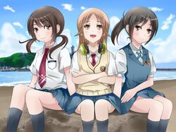  3girls :d beach black_hair brown_hair clouds headphones highres legs long_hair looking_at_viewer miyamoto_konatsu multiple_girls necktie ocean okita_sawa open_mouth orange_eyes sakai_wakana school_uniform short_hair sitting sky smile tari_tari thigh-highs water 