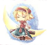  1girl alice_margatroid blonde_hair blue_background blush_stickers book capelet chibi closed_eyes crescent_moon cross-laced_footwear dress flower gasuto_(kamikami) hair_flower hair_ornament headband moon open_mouth ribbon rose short_hair sitting sitting_on_object solo touhou 