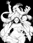  1girl breasts closed_eyes double_(skullgirls) dual_persona duplicate extra_arms extra_mouth fighting_stance habit highres large_breasts long_tongue monochrome monster nun parody skullgirls stand_(jojo) tentacles tissue_(pixiv) tongue 