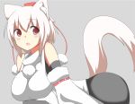  1girl animal_ears blush breasts detached_sleeves grey_background hat highres inubashiri_momiji large_breasts looking_at_viewer mii open_mouth pink_eyes shirt short_hair silver_hair simple_background skirt solo tail tokin_hat touhou wide_sleeves wolf_ears wolf_tail 