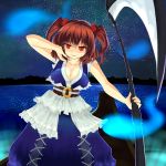  1girl 810 adjusting_hair bare_shoulders boat breasts cleavage grin hair_bobbles hair_ornament hitodama large_breasts onozuka_komachi red_eyes redhead scythe sky smile solo star_(sky) starry_sky touhou water 
