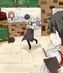  3girls ball black_eyes black_hair blue_eyes brown_eyes brown_hair chalkboard chikiso fernandia_malvezzi food highres kitchen long_hair looking_at_another luciana_mazzei martina_crespi menu multiple_girls neuroi pen ponytail pot restaurant short_hair side_ponytail smile soccer_ball strike_witches sweatdrop tray uniform waitress white_hair 