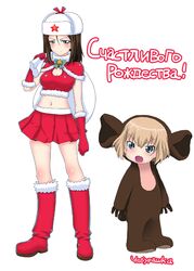  2girls blonde_hair blue_eyes brown_hair girls_und_panzer katyusha long_hair mudou_eichi multiple_girls nonna russian sack santa_costume short_hair translated 