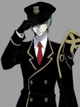  1boy arin66 blazblue evil_smile formal gloves green_hair hat hazama highres male military military_uniform necktie peaked_cap short_hair smile solo suit uniform yellow_eyes 