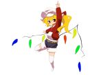  &gt;:o 1girl arm_up belt blonde_hair contemporary fang flandre_scarlet hat index_finger_raised jacket jeans looking_at_viewer mantarou_(shiawase_no_aoi_tori) open_mouth red_eyes shorts side_ponytail simple_background solo thigh-highs touhou white_background white_legwear wings zipper 
