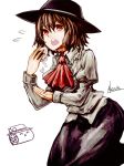  1girl akasia ascot brown_hair dress_shirt food hat long_skirt looking_at_viewer onigiri open_mouth red_eyes shirt short_hair skirt solo touhou usami_renko 