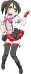  1girl arumi_(arumi-ke) black_hair blush boots bow choker earrings fingerless_gloves gloves hair_bow jewelry looking_at_viewer love_live!_school_idol_project miniskirt navel red_eyes short_twintails simple_background skirt smile solo thigh-highs twintails white_background yazawa_nico 