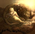  1boy blonde_hair bracelet fate/zero fate_(series) gilgamesh hug jewelry jjuya lion sleeping 