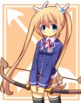  1girl blonde_hair blue_eyes bow_(weapon) highres long_hair masaki_(machisora) solo thigh-highs twintails weapon 