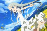  1girl absurdres barefoot blue_eyes clouds dress dutch_angle highres long_hair looking_at_viewer open_mouth outstretched_arms petals sky solo spread_arms wind 