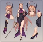  1girl ahoge breasts brown_hair character_sheet circlet cleavage constance_de_richelieu dress elbow_gloves female flag gloves glowing glowing_eyes head_wings high_heels highres large_breasts legs long_hair long_legs pink_eyes pixiv_fantasia pixiv_fantasia_new_world ryuuzaki_itsu shoes solo sword thighs very_long_hair weapon 
