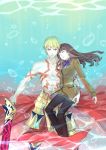  1boy 1girl armor blonde_hair brown_hair ea_(fate/stay_night) fate/extra_ccc fate_(series) female_protagonist_(fate/extra) gilgamesh long_hair pantyhose red_eyes scarletabyss school_uniform shirtless tattoo underwater 