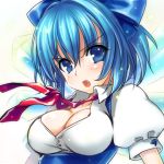  &gt;:o 1girl adult alternate_breast_size blue_eyes blue_hair blush bow breasts cirno cleavage fang hair_bow ichiro_yoshizumi open_mouth short_hair simple_background solo touhou white_background wings 