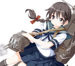  1girl backpack bag black_hair braid cannon grey_eyes isonami_(kantai_collection) kantai_collection long_hair machinery neckerchief pleated_skirt rakugakiyarou school_uniform serafuku shirt short_sleeves single_braid skirt solo 