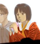  1boy 1girl black_hair brown_eyes cup drink drinking glasses jacket kara_no_kyoukai kokutou_mikiya mori_(unknown.) ryougi_shiki short_hair sipping smile straw 