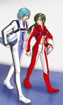  blue_eyes blue_hair choujikuu_yousai_macross couple glasses good_end happy helmet highres holding_hands lips long_hair macross maximilian_jenius meltrandi millia_jenius pilot pilot_suit pointy_ears zentradi 