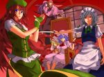  6+girls adjusting_gloves apron arm_grab arm_rest bat_wings blonde_hair blue_eyes blue_hair bow braid carrying ceiling derivative_work fingerless_gloves flandre_scarlet flying frown gloves hair_bow hat head_wings highres himeco hong_meiling izayoi_sakuya knife koakuma light_smile long_hair looking_at_viewer maid_headdress mob_cap multiple_girls necktie outstretched_arm parted_lips patchouli_knowledge princess_carry puffy_short_sleeves puffy_sleeves purple_hair purple_sky red_eyes redhead remilia_scarlet short_hair short_sleeves silver_hair skirt skirt_set sleeping throne toromera touhou twin_braids vest waist_apron window wings wrist_cuffs 