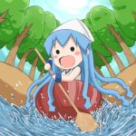  1girl blue_hair boat chibi dress fisheye ikamusume long_hair mihune mini-ikamusume minigirl oar rowing shinryaku!_ikamusume tentacle_hair 