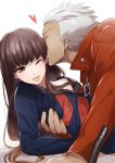  1boy 1girl archer brown_eyes brown_hair couple dark_skin fate/extra fate/extra_ccc fate_(series) female_protagonist_(fate/extra) heart jacket long_hair red_jacket school_uniform wand3754 white_hair wince 