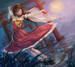  1girl detached_sleeves dropbird grass hakurei_reimu highres long_skirt night ofuda outstretched_arm see-through skirt solo torii touhou water wide_sleeves 