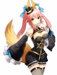  1girl animal_ears ashiwara_yuu bare_shoulders breasts caster_(fate/extra) cleavage detached_sleeves fate/extra_ccc fate_(series) fox_ears fox_tail hand_to_own_mouth pink_hair solo tail thigh-highs white_background yellow_eyes 