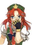  1girl beret blue_eyes braid covering_face fingerless_gloves gloves hand_on_own_face hat hong_meiling looking_at_viewer nail_polish peninsula_(disappearedstump) redhead side_braid solo touhou white_background 