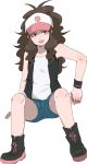  1girl baseball_cap blue_eyes boots brown_hair denim denim_shorts flat_chest hat long_hair niku_(dance-siva) poke_ball pokemon pokemon_(game) pokemon_bw ponytail shorts sitting smirk solo touko_(pokemon) vest wristband 