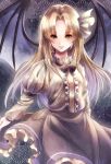  1girl arm_garter blonde_hair bowtie demon_wings doily dress eyeshadow hair_ribbon juliet_sleeves kotonoman kurumi_(touhou) light_smile long_hair long_sleeves makeup parted_lips puffy_long_sleeves puffy_sleeves ribbon solo touhou touhou_(pc-98) wings yellow_eyes 