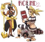  1boy 2girls :q ankh arm_hair bare_shoulders beowulf_(skullgirls) black_dress black_hair bracer breasts cape chair circlet cleavage dark_skin dress eliza_(skullgirls) emlan facial_hair folding_chair giantess green_eyes halterneck height_difference high_heels horn large_breasts looking_down microphone multiple_girls pelt pointy_ears ponytail prison_clothes scar scythana shackle shoes short_hair sideburns sitting sitting_on_person skullgirls suspenders tongue 