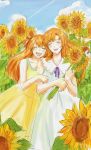  character_request closed_eyes dress flower hair_ribbon happy heze long_hair mother_and_daughter neon_genesis_evangelion open_mouth orange_hair ribbon smile souryuu_asuka_langley sunflower 