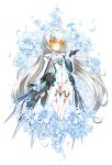  1girl absurdres armor armored_dress bodysuit detached_collar detached_sleeves dress elsword eve_(elsword) flower gloves highres long_hair long_sleeves open_skirt poseich tagme thigh-highs white_hair white_legwear yellow_eyes 