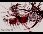  1girl ascot bandages blonde_hair chain dress flandre_scarlet grin hair_over_one_eye hat hat_ribbon lastdark letterboxed looking_at_viewer red_dress red_eyes ribbon shirt side_ponytail smile solo tattoo touhou wings 