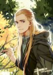  1boy artist_name blue_eyes braid branch dated elf leaf legolas long_hair looking_at_viewer lord_of_the_rings male pointy_ears psd smile solo tree 