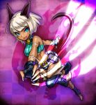  1girl ahoge animal_ears bare_shoulders barefoot bell bell_collar belt belt_pouch blue_eyes bob_cut breasts cat_ears cat_tail claws collar dark_skin fang fingerless_gloves gloves knee_pads ko-on_(ningen_zoo) midriff nadia_fortune open_mouth scar short_hair short_shorts shorts skullgirls smile solo tail under_boob white_hair 