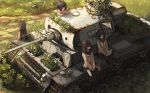  4girls brown_hair computer grass head_rest laptop military military_vehicle multiple_girls old original short_hair sitting tank vehicle xiao_qiang_(overseas) 
