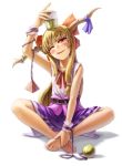  1girl :q arm_up barefoot beer blonde_hair blush bow chain cuffs cup hair_bow holding horn_ribbon horns ibuki_suika indian_style kurione_(zassou) long_hair open_mouth red_eyes ribbon simple_background sitting skirt smile solo tongue touhou white_background wink wrist_cuffs 