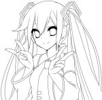  1girl detached_sleeves double_v hair_ornament hatsune_miku imouto_(takahashisan) lineart long_hair monochrome necktie simple_background smile solo twintails v very_long_hair vocaloid 