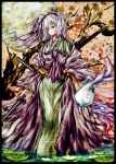  1girl akasia green_eyes hair_over_one_eye hairband hitodama japanese_clothes katana konpaku_youmu konpaku_youmu_(ghost) ribbon short_hair silver_hair solo sword touhou tree weapon 