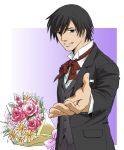  1boy black_eyes black_hair bouquet bowtie darker_than_black flower formal hei male micchy19 outstretched_hand smile solo tuxedo 