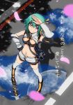  alternate_costume aquarion_(series) aquarion_evol bare_shoulders breasts camera cleavage_cutout clouds green_hair hair_ribbon highres midriff moon_reflection navel no_panties petals puddle ribbon road short_hair short_shorts shorts smile standing street translation_request violet_eyes white_legwear wrist_cuffs wristband zessica_wong 
